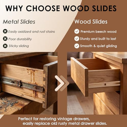 Wood Drawer Slides 16 Inches Bottom Mount Replacement, Solid Wooden Drawer Runners Center Guide Track Rail for Dresser Cabinet Drawer Repair, Cuttable for Old Drawers (1, L002(15.75"))