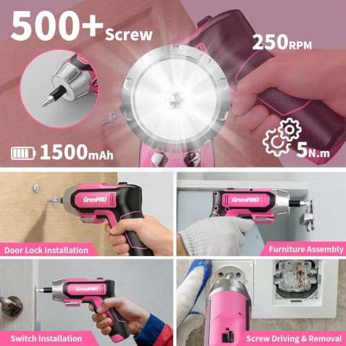 GRENPRO 4V Cordless Electric Screwdriver Set, 29-Piece, Pink - color: Pink