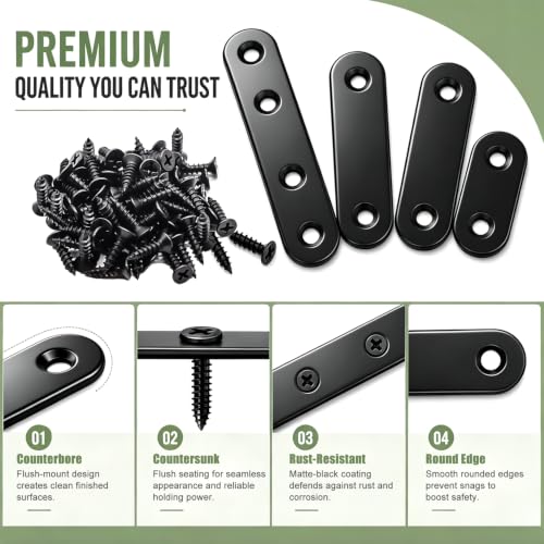 mxuteuk 86pcs Black Straight Flat Bracket,Stainless Steel Black Flat Brackets for Wood,Metal Mending Plate with Screws 36mm/46mm/56mm/76mm - color: Black-36/46/56/76mm