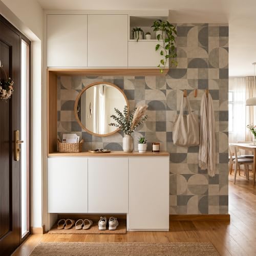 Chunlei Peel and Stick Wallpaper, Grey Beige Mid-Century Geometric Pattern, 236in x 17.7in, Waterproof Vinyl, Removable Reusable, Eco-Friendly, for Bedroom Living Room Rental Apartment - color: Beige04, size: 17.7" x 236.2"