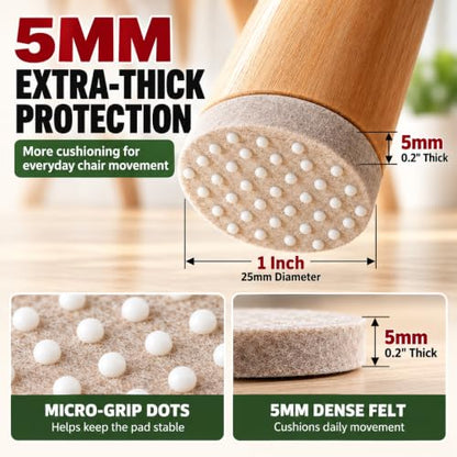 PHIXBEAR 60Pcs Chair Leg Floor Protectors with Silicone Dots, 1" Felt Pads