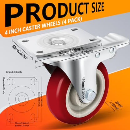 4" Heavy Duty Caster Wheel with Brake, Swivel Casters Set of 4 - color: Red, size: 4 IN