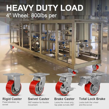 Caster Wheels Heavy Duty, 4'' Industrial Casters with Load 3200lbs Capacity, Polyurethane Swivel Casters Set of 4 (2 Brakes & Rigid) - style: 4'' Wheel