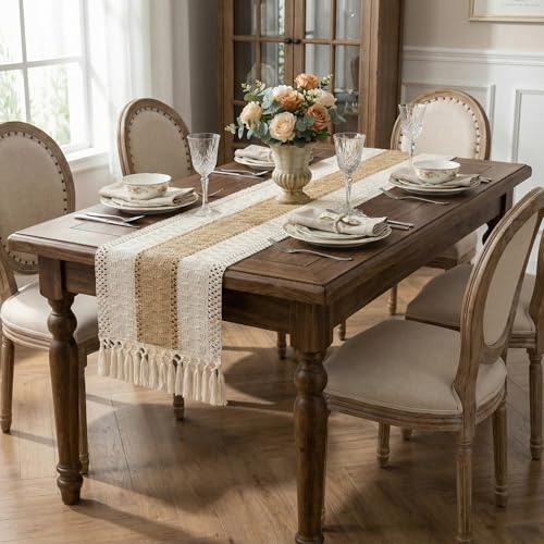 Boho Macrame Table Runner with Tassels 36in Brown Farmhouse Runner - color: White & Brown, size: 12'' x 36''