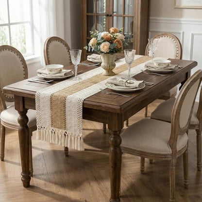 Boho Macrame Table Runner with Tassels 36in Brown Farmhouse Runner - color: White & Brown, size: 12'' x 36''