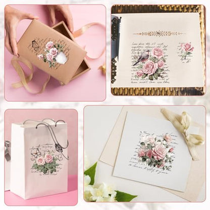 WANDIC 12 Sheets Retro Rub On Transfer Stickers,Pink Retro Flowers Decals Rose Stickers with Letters Furniture Windows Craft Wall Decals for DIY Scrapbooking,12 * 6in - color: Pink Flower, size: 12 Sheets