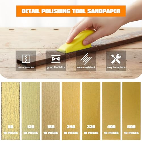 New Micro Detail Sander Kit, 80/120/ 180/240/ 320/400/ 600 Grit Sand Paper Assortment Wet Dry Hook & Loop Sandpaper for Painting Prep, Arts, Zips, Glass and Crafts