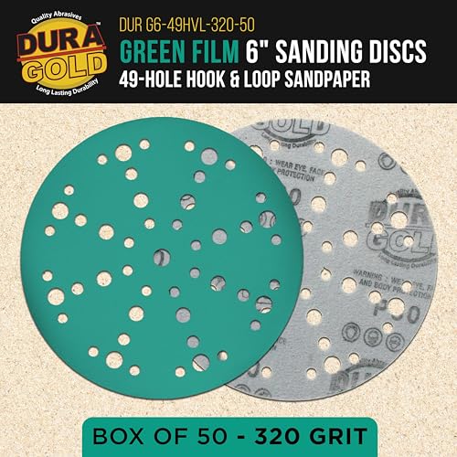 Dura-Gold 320 Grit 6" Green Film Sanding Discs, 49-Hole Pattern, Box of 50 - style: 320 Grit