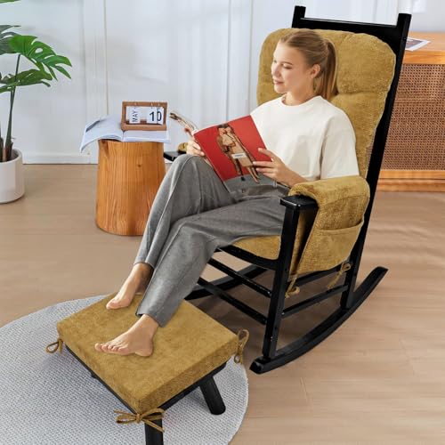 5 PCS Glider Rocker Replacement Cushions with Storage Side Pocket, Luxuriy Chenille Fabric Foam & Microfiber Filling, Thickened & Supportive Rocking Chair Cushion Set, Yellow - color: Yellow