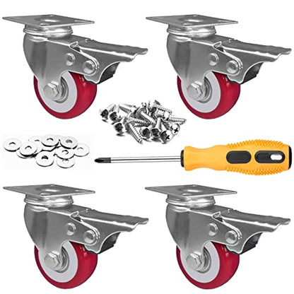 2 inch Casters Load 800lbs, Set of 4 with Brake, Advanced Polyurethane (PU) Floor Protection, Noise-Free 360 Degree Swivel Plate, Set of 4 (Includes Complete Screws Sets with Accessories) - size: 2 inch Red