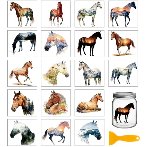 GLOBLELAND 18 Sheets Forest Horses Transfer Stickers 3.9x3.6 Inch Horse Mountain Colorful Transfer Decal Animals Rub on Transfer for Cup Decal Vase Glass Art Crafts Decorations - style: Forest Horses