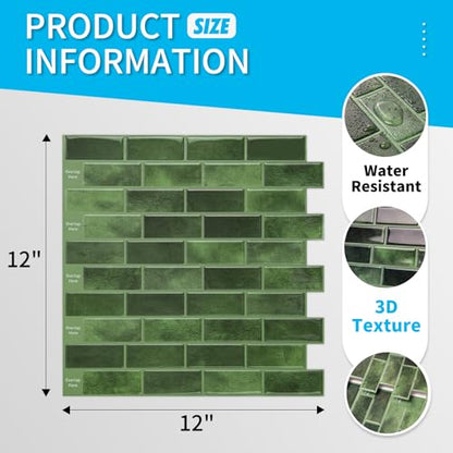 Art3d 10-Pack Marble Tile Peel and Stick Backsplash, 12 x 12 in, Jade Green - color: Jade Green