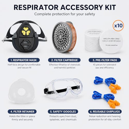 16-Piece Professional Safety Armor Kit - Half Face Respirator, Anti-Fog Goggles & Noise-Reducing Earplugs for Woodworking, Sanding, Painting, DIY Construction