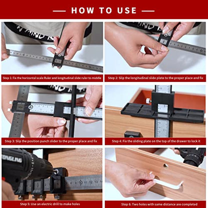 Cabinet Hardware Jig, Aluminum Alloy Cabinet Handle Jig Tool for Fast and Accurate Installation of Door Handles and Drawer Front Knobs, Pulls(with Automatic Center Punch and 4 Drill Bits)