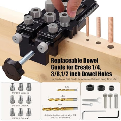 Dowel Jig Kit with Quick Positive Stop and Clamp, Adjustable Doweling Jig - color: Black