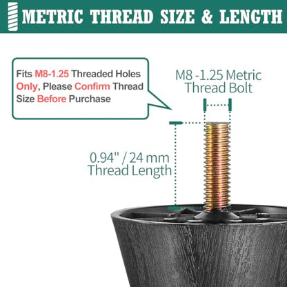 4pcs Plastic Furniture Legs 1.5" with T-Nuts, M8-1.25 Bolt, Widen - size: 1-1/2 Inch Widen, M8-1.25 Metric Thread Bolts