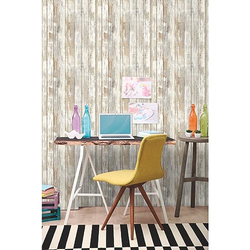 RoomMates White Distressed Wood Peel and Stick Wallpaper - color: Rustic Wood