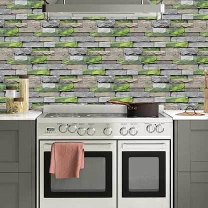 Alwayspon 24Pcs 12x6inch Peel&Stick Wall Sticker Vinly Wallpaper, Waterproof Backsplash for Kitchen Bathroom, Self-Adhesive Tile Transfers Decal Stick on Tiles with GreenYellow Stone Brick Effect - color: Fg-l15, size: 24 Pcs