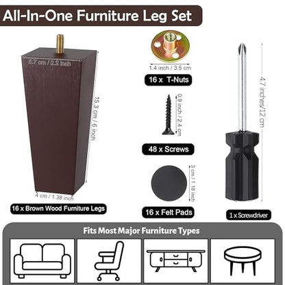 TURSTIN 16 PCS 6 Inch Wood Furniture Legs, Couch Legs Replacement, Brown - color: Brown, size: 6 Inch
