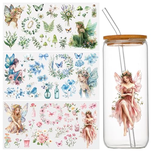 WANDIC 3 Sheets UV DTF Rub on Transfer Stickers, Fairy Elf Theme 3D Cup Warp Waterproof Decals for DIY Glass Water Bottle Furniture Crafts,15 * 30cm - color: Fairy Plants