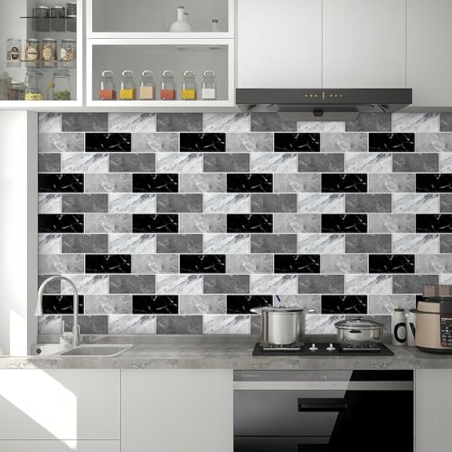10 Sheets Peel and Stick Backsplash for Kitchen 12"X12" Back Splash Adhesive Subway Wall Tile Flat Vinyl Sticker for Bathroom on Renter Friendly Marble 2-6 (Not 3D Tile) - color: Grey Marble