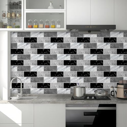 10 Sheets Peel and Stick Backsplash for Kitchen 12"X12" Back Splash Adhesive Subway Wall Tile Flat Vinyl Sticker for Bathroom on Renter Friendly Marble 2-6 (Not 3D Tile) - color: Grey Marble