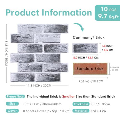 Commomy 3D Wall Panels Peel and Stick Faux Brick 10 Pcs 11.8" x 11.8" - color: Brick-MR