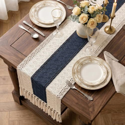 Boho Macrame Table Runner with Tassels 48in Blue Farmhouse Runner - color: White & Blue, size: 12'' x 48''