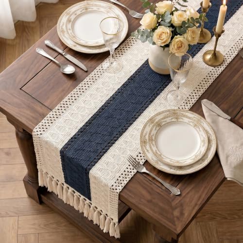 Boho Macrame Table Runner with Tassels 72in Blue Farmhouse Runner - color: White & Blue, size: 12'' x 72''