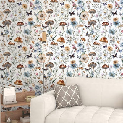 Froluya Mushroom Wallpaper Peel and Stick Boho Contact Paper 16.9" x 118.1" - color: White, size: 16.9" x 118.1"