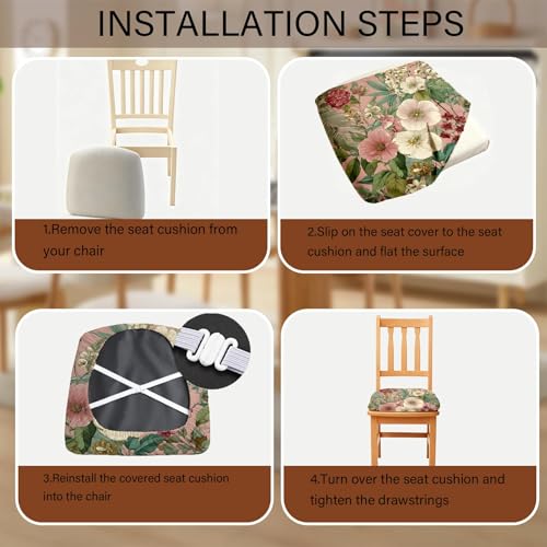Chair Seat Covers - Waterproof Stretch Printed Dining Room Chair Cover with Elastic Ties Removable Washable Dining Upholstered Chairs Protector (Pink, Four-Piece Set) - color: Pink, size: Four-piece set