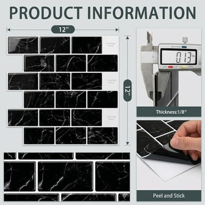 Arttown Peel and Stick 3D Wall Backsplash, 10-Sheet, 12" × 12" Black - color: Black Marble, size: 10PC 12"x12"