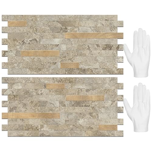 STICKGOO 20 Sheets Peel and Stick Backsplash Tile, Stick on Backsplash for Kitchen and Bathroom, Stone Beige Marble Look PVC Mixed Metal Gold Self Adhesive Wall Tiles - color: Stone Beige + Metal Gold