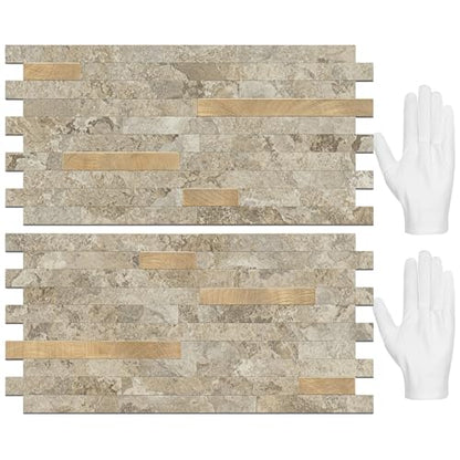 STICKGOO 20 Sheets Peel and Stick Backsplash Tile, Stick on Backsplash for Kitchen and Bathroom, Stone Beige Marble Look PVC Mixed Metal Gold Self Adhesive Wall Tiles - color: Stone Beige + Metal Gold