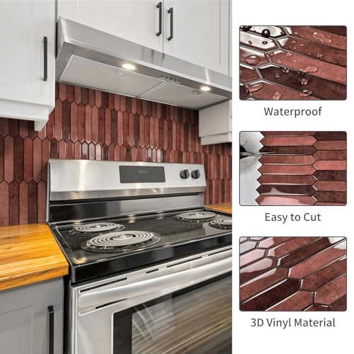 10 Sheet Long Hexagon Peel and Stick Backsplash Tile, 12"x12" 3D Adhesive Glossy Marble Vinyl Stick on Wall Tiles for Bathroom, Kitchen, Living Room (Brown, 12" x 12") - color: Brown
