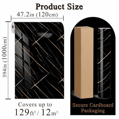 Black Gold Marble Peel and Stick Wallpaper, 47.2 x 394 in - color: Black Gold Marble, size: 47.2" x 394"