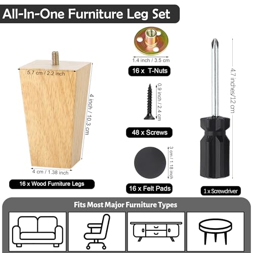 TURSTIN 16 PCS 4 Inch Wood Furniture Legs, Couch Legs Replacement, Wood - color: Wood, size: 4 Inch