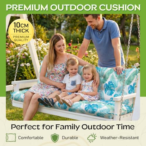 Oxford Fabric Swing Cushions with Backrest & Tie Straps for Patio Bench - color: Monstera Blue