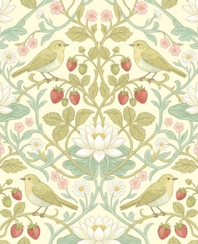 BOKEBEVE Bird Floral Wallpaper Peel Stick Beige Yellow Green 17.5 x 118In - color: Beige/Yellow, size: 17.5" x 118"
