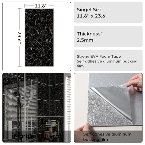 Marble Peel and Stick Backsplash 23.6 x11.8 in, 10PCS, Black - color: Black Marble
