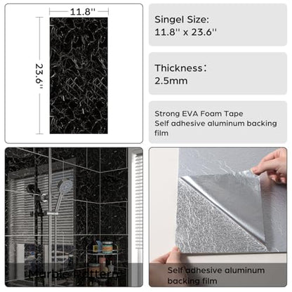 Marble Peel and Stick Backsplash 23.6 x11.8 in, 10PCS, Black - color: Black Marble