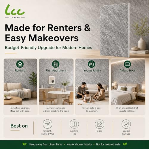 LCC Peel and Stick Wall Panels, Marble Look Backsplash Panels, Lightweight Wall Covering for Kitchen, Bathroom, Living Room & Bedroom (50, Modern Stone Grey) - color: Modern Stone Grey
