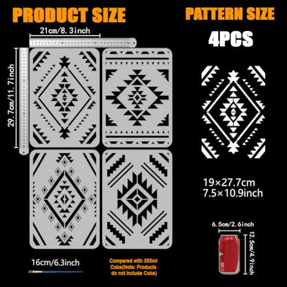 FINGERINSPIRE 4 Pcs Aztec Patterns Painting Stencil with Paintbrush 11.7x8.3inch Reusable Canvas Aztec Stencil for Crafts Geometric Boho Borders Pattern Stencils for Painting on Fabric, Wood, Walls - style: Aztec Patterns