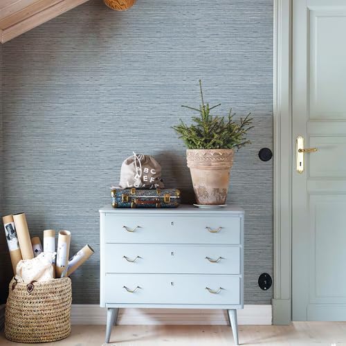 HueBurst Grasscloth Peel and Stick Wallpaper 17.3" x 394" Blue Textured Grasscloth Wall Paper Renter Friendly Wallpaper Self Adhesive Removable for Bathroom Bedroom - color: Blue, size: 17.3" x 394"