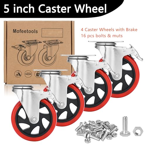 5 Inch Casters Set of 4 Heavy Duty, Lockable Bearing Plate Caster Wheels with Brakes, Swivel Casters No Noise 360-degree with Polyurethane Wheels for Cart, Furniture,Workbench,Cabinet