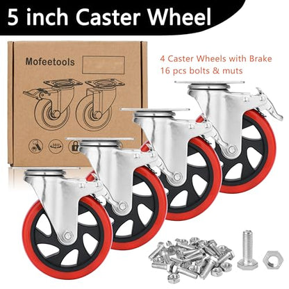 5 Inch Casters Set of 4 Heavy Duty, Lockable Bearing Plate Caster Wheels with Brakes, Swivel Casters No Noise 360-degree with Polyurethane Wheels for Cart, Furniture,Workbench,Cabinet