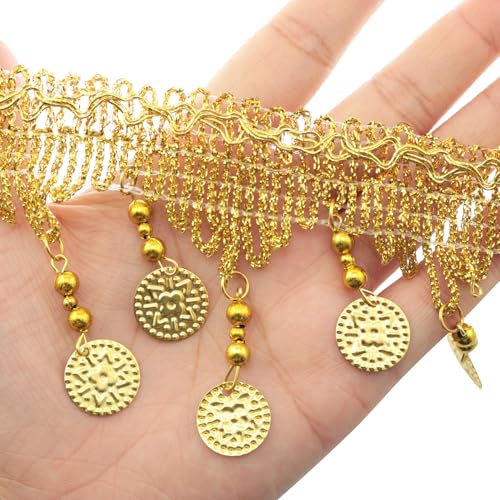 1 Roll 5 Yards DIY Gold Tassel Lace Polyester DIY Belly Dance Performance Costume Accessories Fabric Sewing Trims Use as Furniture Decorations Trimming Curtains Trimming Decorative Pillows
