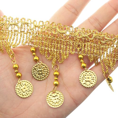 1 Roll 5 Yards DIY Gold Tassel Lace Polyester DIY Belly Dance Performance Costume Accessories Fabric Sewing Trims Use as Furniture Decorations Trimming Curtains Trimming Decorative Pillows