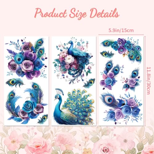 Peacoblue Peacock Flowers Rub On Transfers for Furniture 6"x12" - style: Colorful Peacock Feathers and Flowers