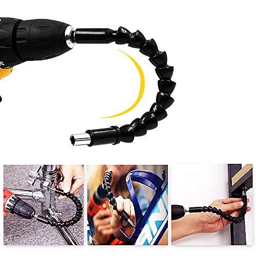 Right Angle Drill Attachment 1/4inch Hex Shank Right Angle Screwdriver Drill Bit Holder 105 Degree Drill Bit Extension Socket Adapter+ Flexible Drill Bit Extension-BLACK
